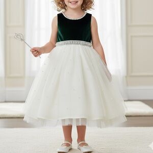 Couture Princess Toddler Dress 2T Green Velvet Ivory Tulle Pearl Party